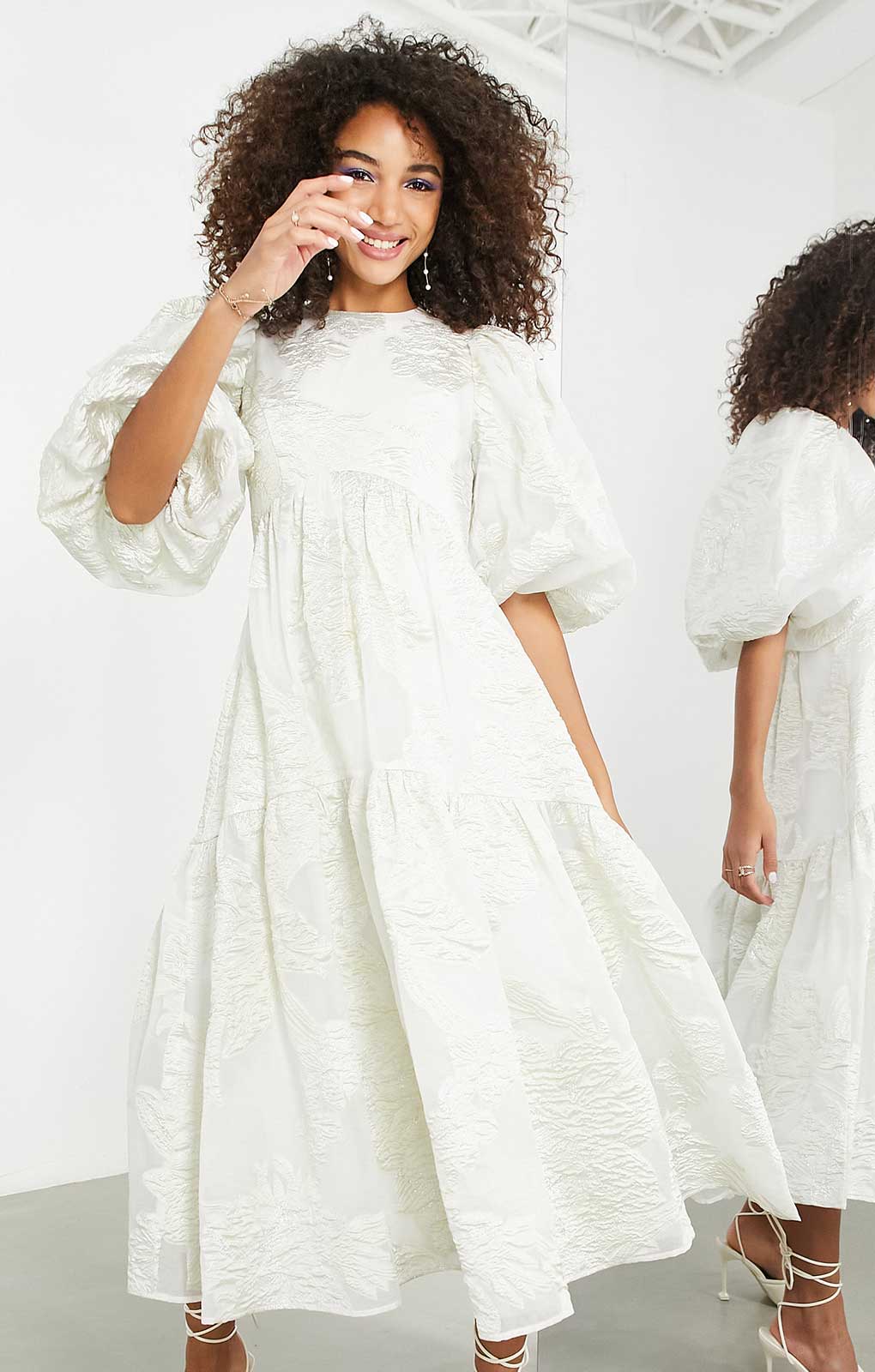 Asos Edition Tiered Metallic Floral Jacquard Midi Dress In Ivory