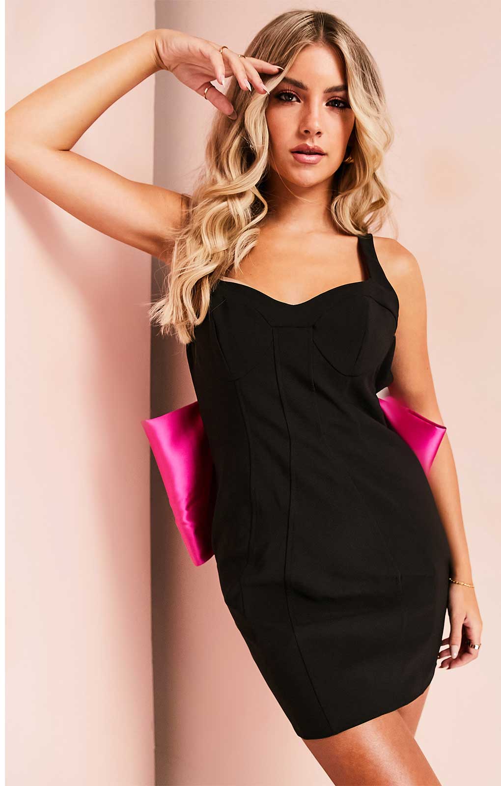 Asos Luxe Sweetheart Neck Contrast Bow Back Bodycon Mini Dress In Black