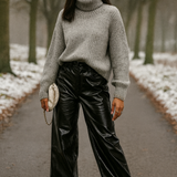 Afrm Ultra Low Rise Faux Leather Wide Leg Trousers In Black