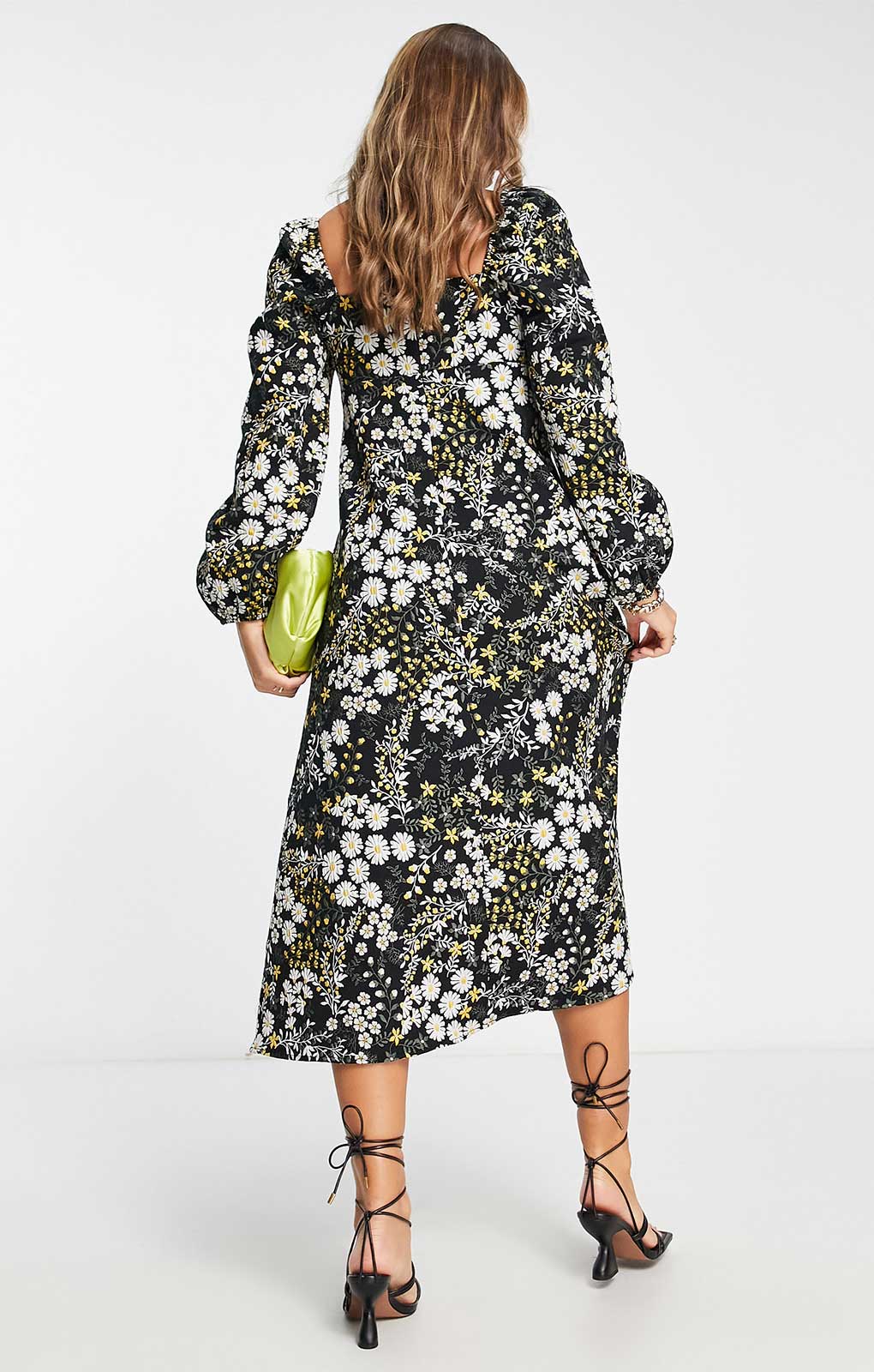 Asos Design Jacquard Puff Sleeve Midi Dress In Dark Floral