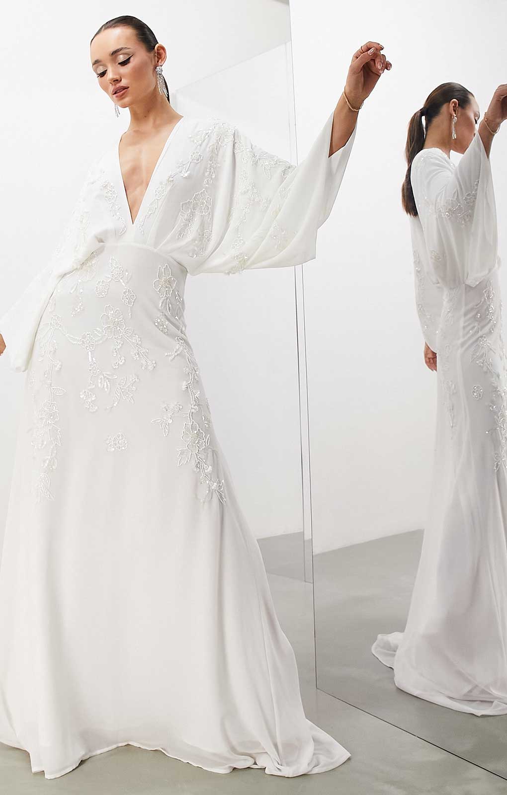 Asos Edition Lisa Drape Sleeve Plunge Wedding Dress With Floral Embellishment In Ivory product image
