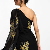 Asos Design One Shoulder Chiffon Mini Dress In Black With Marigold Floral Artwork