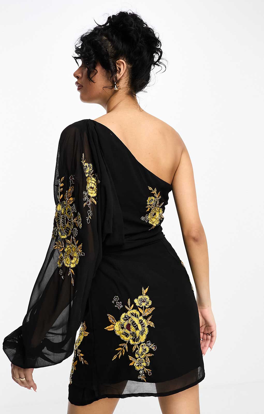 Asos Design One Shoulder Chiffon Mini Dress In Black With Marigold Floral Artwork