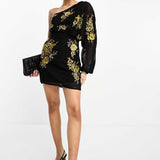 Asos Design One Shoulder Chiffon Mini Dress In Black With Marigold Floral Artwork product image