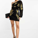 Asos Design One Shoulder Chiffon Mini Dress In Black With Marigold Floral Artwork