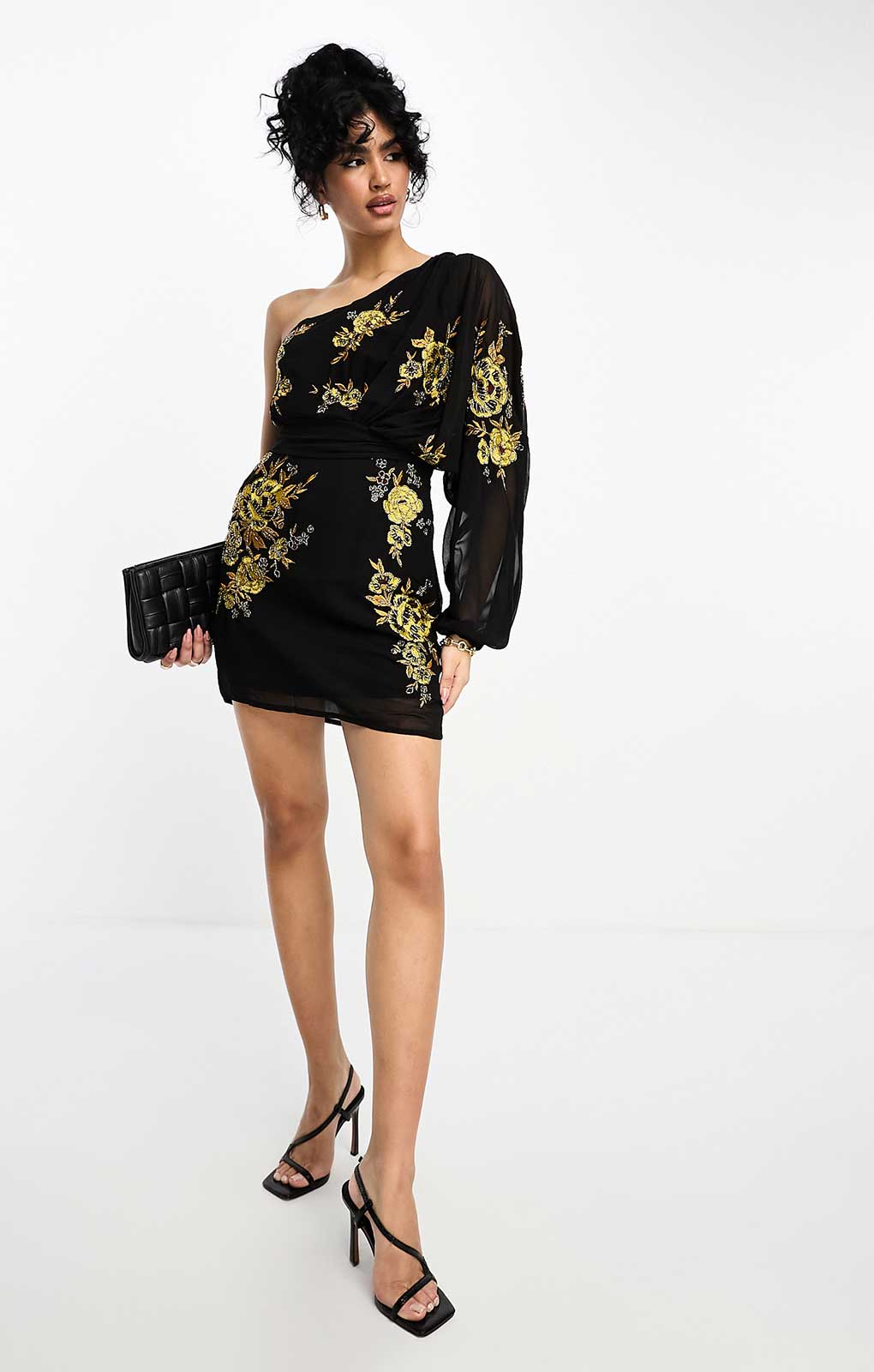 Asos Design One Shoulder Chiffon Mini Dress In Black With Marigold Floral Artwork