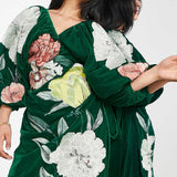 Asos Edition Velvet Wrap Midi Dress In Large Bloom Floral Embroidery In Green product image