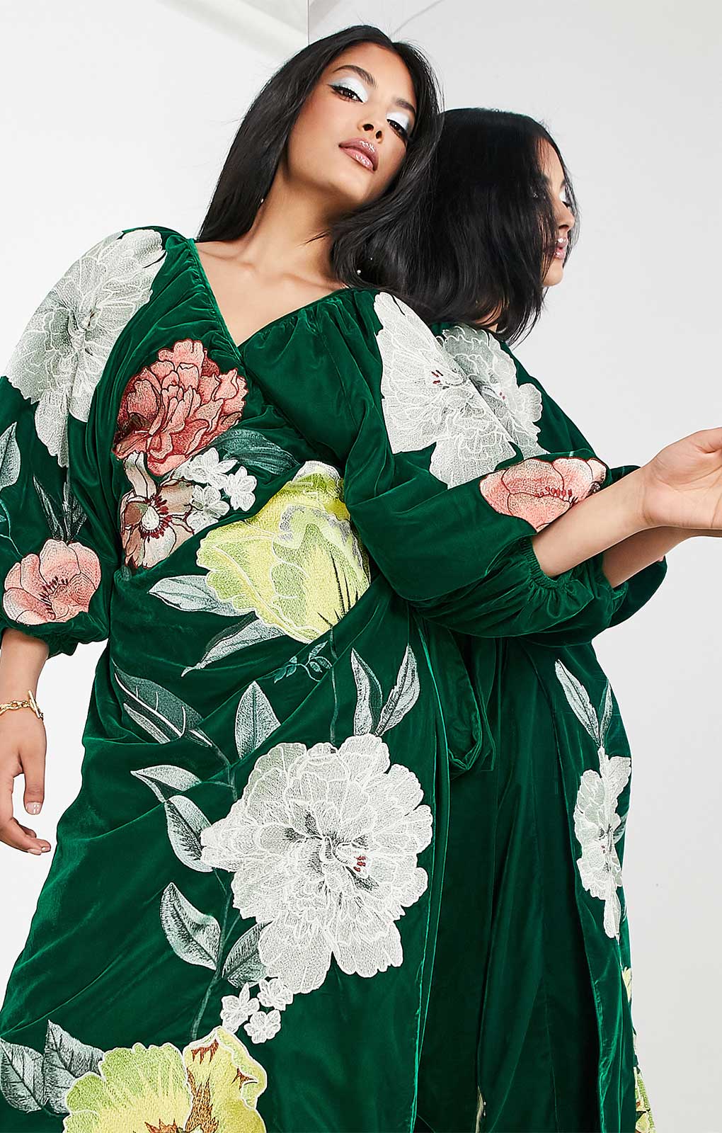 Asos Edition Velvet Wrap Midi Dress In Large Bloom Floral Embroidery In Green product image