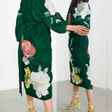 Asos Edition Velvet Wrap Midi Dress In Large Bloom Floral Embroidery In Green product image