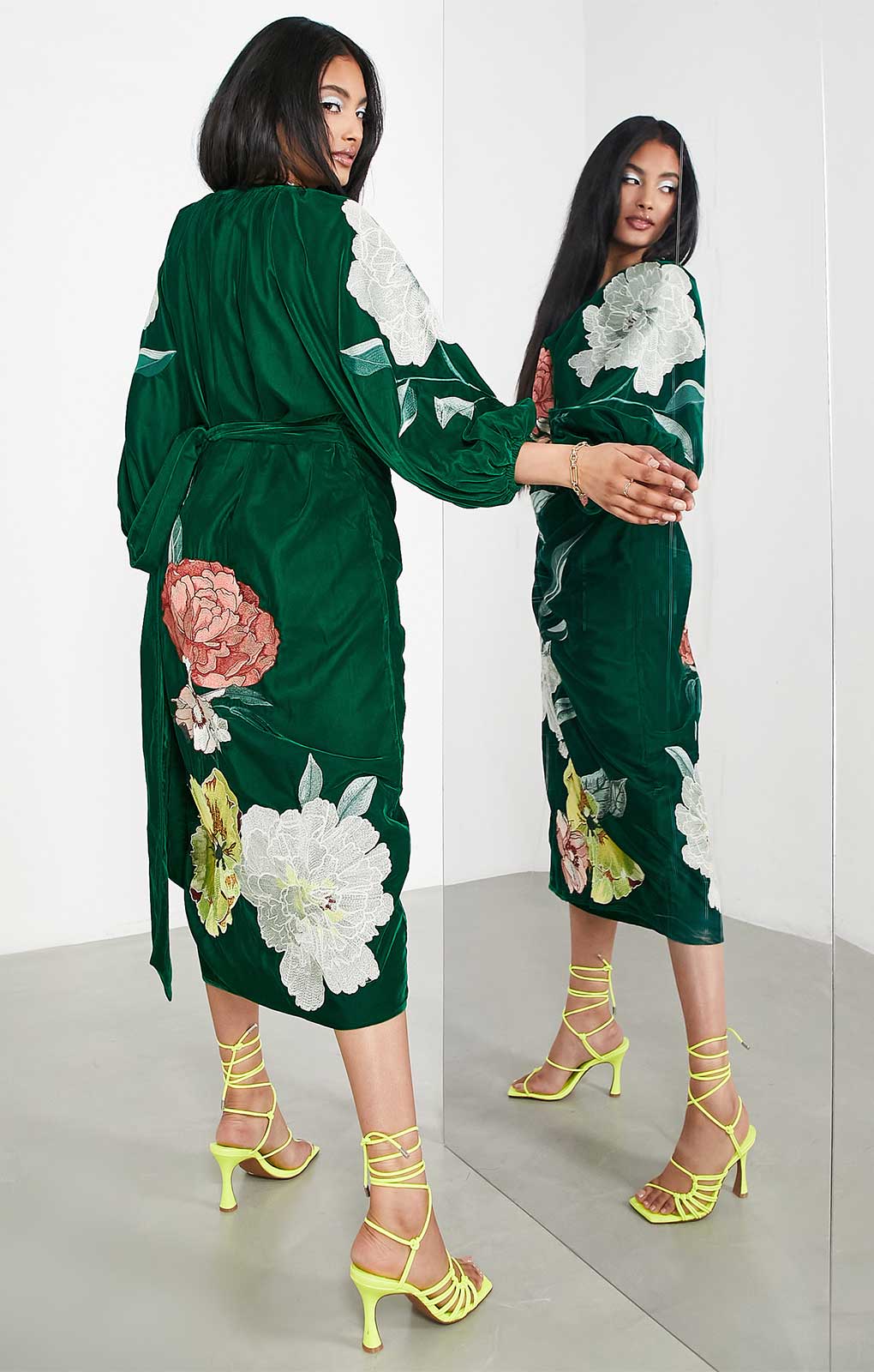Rent Asos Edition Velvet Wrap Midi Dress In Large Bloom Floral Embroidery In Green | Hirestreet Rent Asos Edition Velvet Wrap Midi Dress In Large Bloom Floral Embroidery In Green | Hirestreet