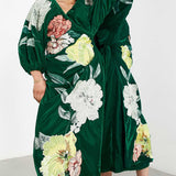 Asos Edition Velvet Wrap Midi Dress In Large Bloom Floral Embroidery In Green product image