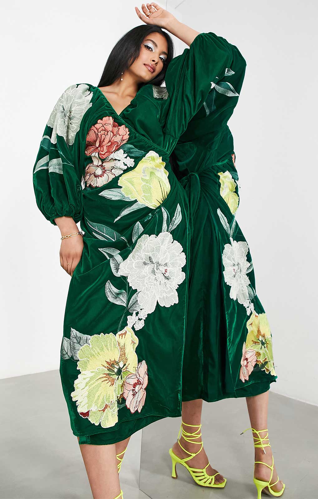 Rent Asos Edition Velvet Wrap Midi Dress In Large Bloom Floral Embroidery In Green | Hirestreet Rent Asos Edition Velvet Wrap Midi Dress In Large Bloom Floral Embroidery In Green | Hirestreet