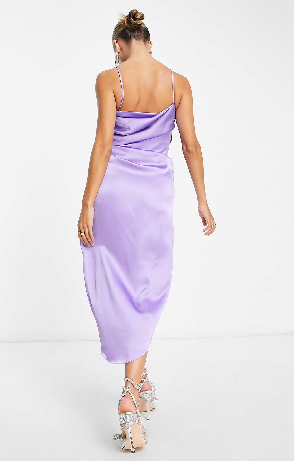 asos lilac midi dress ASOS DESIGN deep bardot midi dress with cape back detail in lilac in scuba-style fabric
