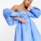Asos Edition Off Shoulder Textured Mini Dress With Blouson Sleeve In Blue