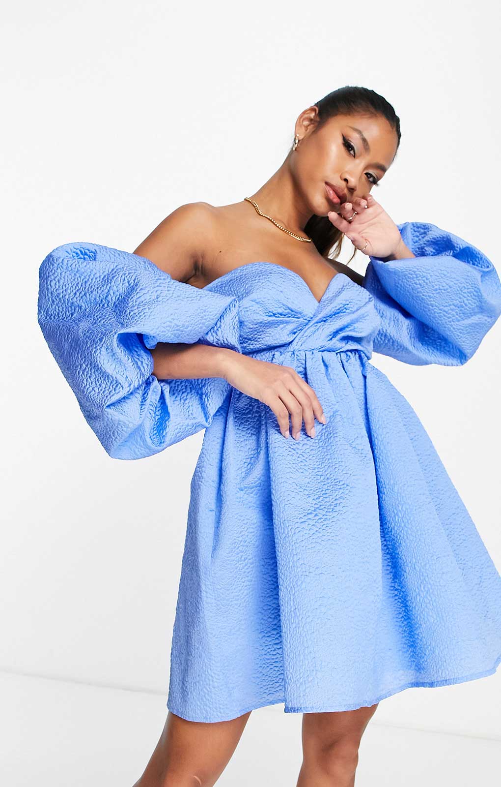Asos Edition Off Shoulder Textured Mini Dress With Blouson Sleeve In Blue