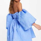 Asos Edition Off Shoulder Textured Mini Dress With Blouson Sleeve In Blue