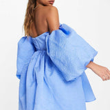 Asos Edition Off Shoulder Textured Mini Dress With Blouson Sleeve In Blue product image