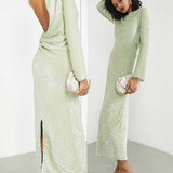 Asos Edition All Over Sequin Backless Drape Midi Dress In Sage Green