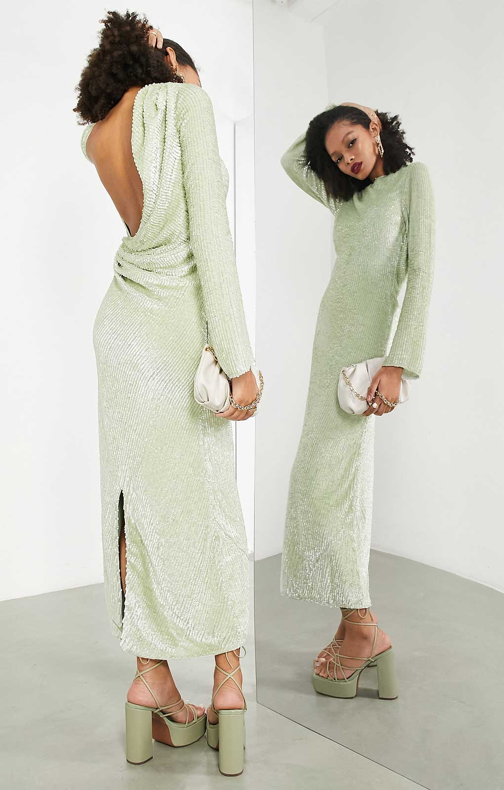 Asos Edition All Over Sequin Backless Drape Midi Dress In Sage Green
