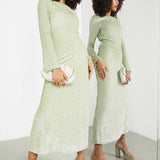 Asos Edition All Over Sequin Backless Drape Midi Dress In Sage Green
