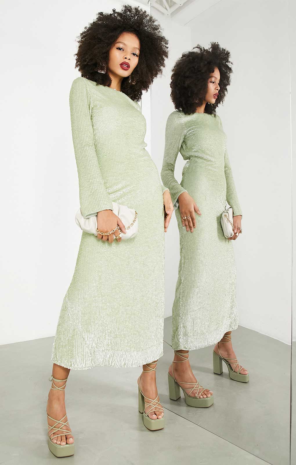 Asos Edition All Over Sequin Backless Drape Midi Dress In Sage Green
