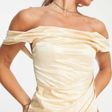 Asos Design Off Shoulder Bardot Tuck Midi Dress In Satin Gold