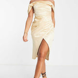 Asos Design Off Shoulder Bardot Tuck Midi Dress In Satin Gold product image