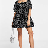 Asos Design Soft Mini Dress In Velvet Broderie With Contrast Embroidery In Black