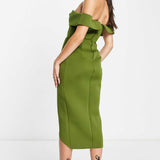 Asos Design Off Shoulder Corset Midi Dress In Olive