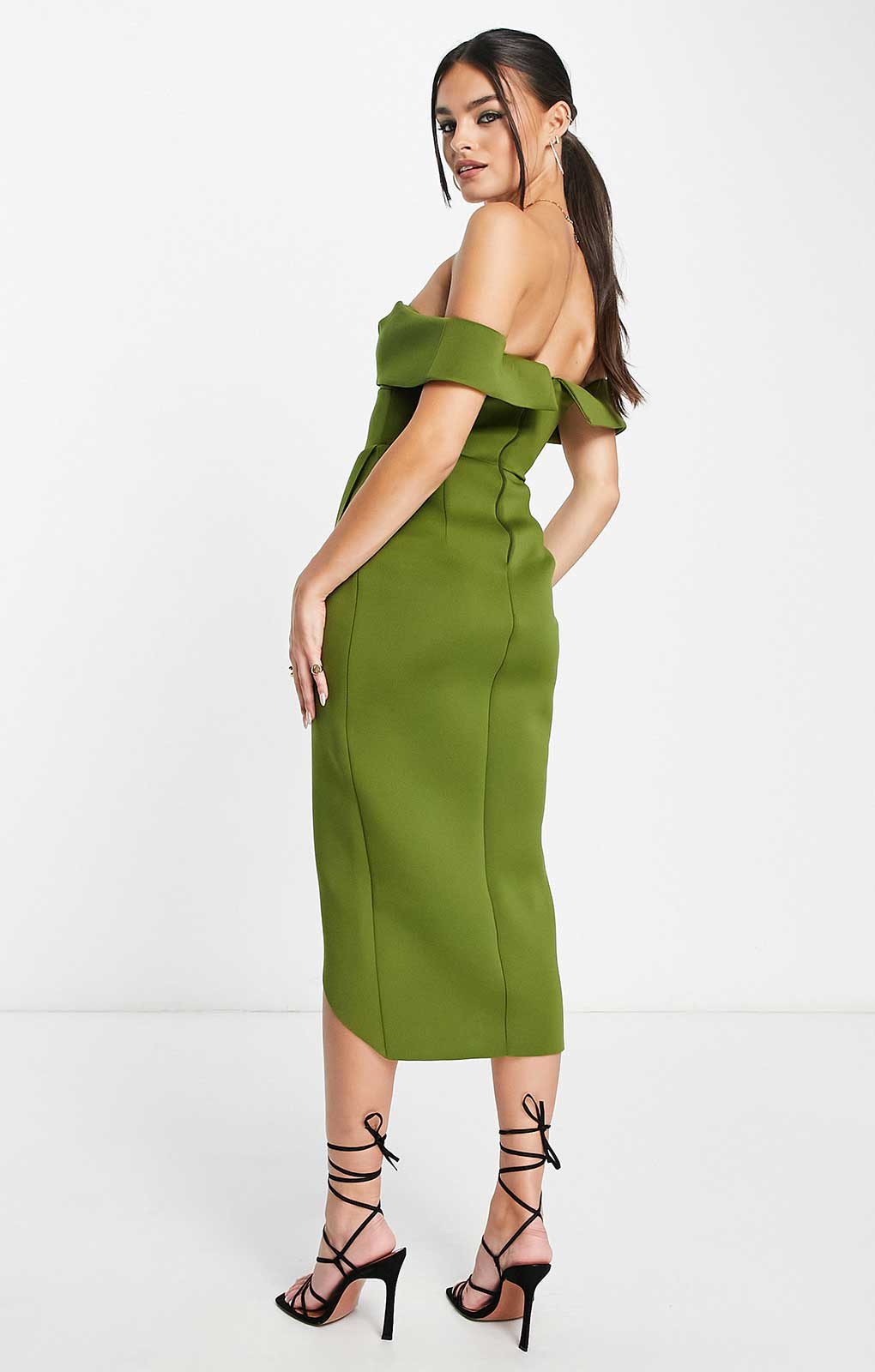 Asos Design Off Shoulder Corset Midi Dress In Olive