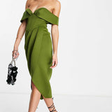 Asos Design Off Shoulder Corset Midi Dress In Olive