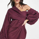 Asos Design Off Shoulder Drape Mini Dress With Balloon Sleeve In Wine