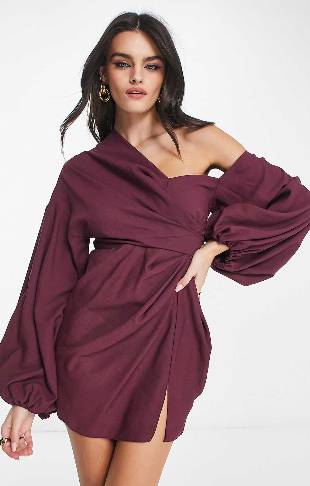 Asos Design Off Shoulder Drape Mini Dress With Balloon Sleeve In Wine