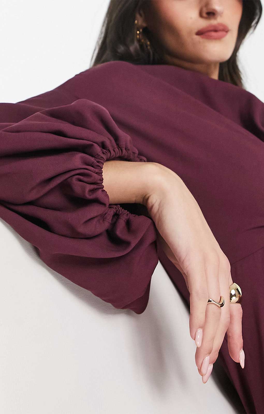 Asos Design Off Shoulder Drape Mini Dress With Balloon Sleeve In Wine
