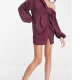 Asos Design Off Shoulder Drape Mini Dress With Balloon Sleeve In Wine