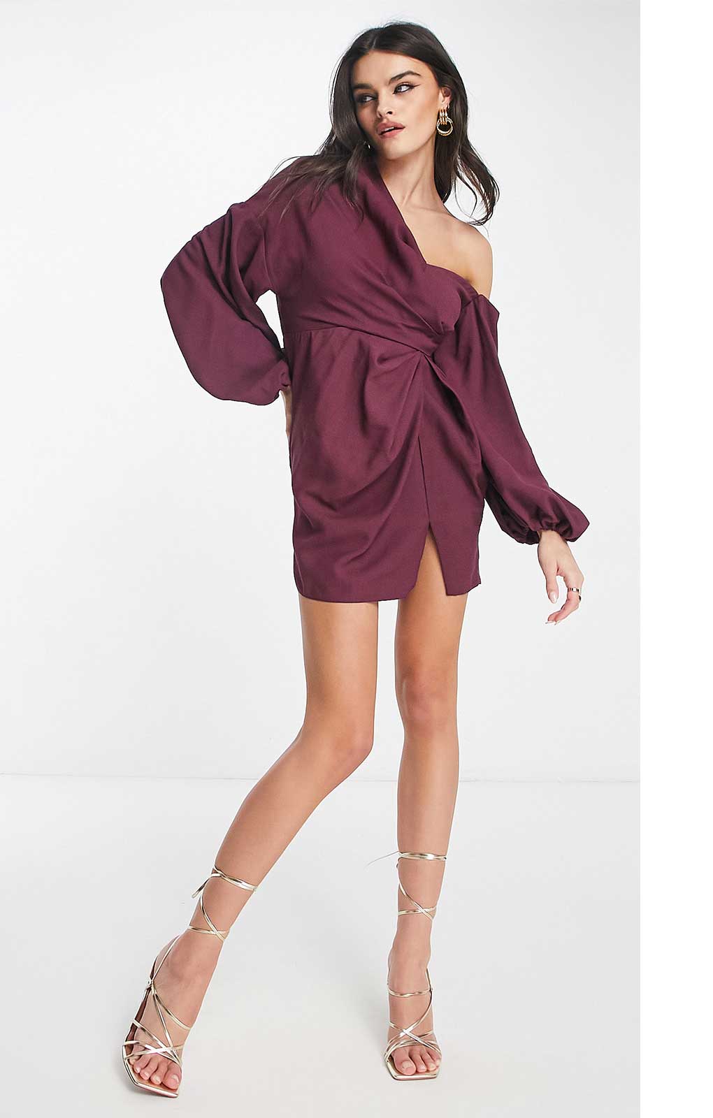 Asos Design Off Shoulder Drape Mini Dress With Balloon Sleeve In Wine