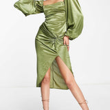 Asos Design Long Sleeve Knot High Split Satin Midi Dress In Olive Green product image