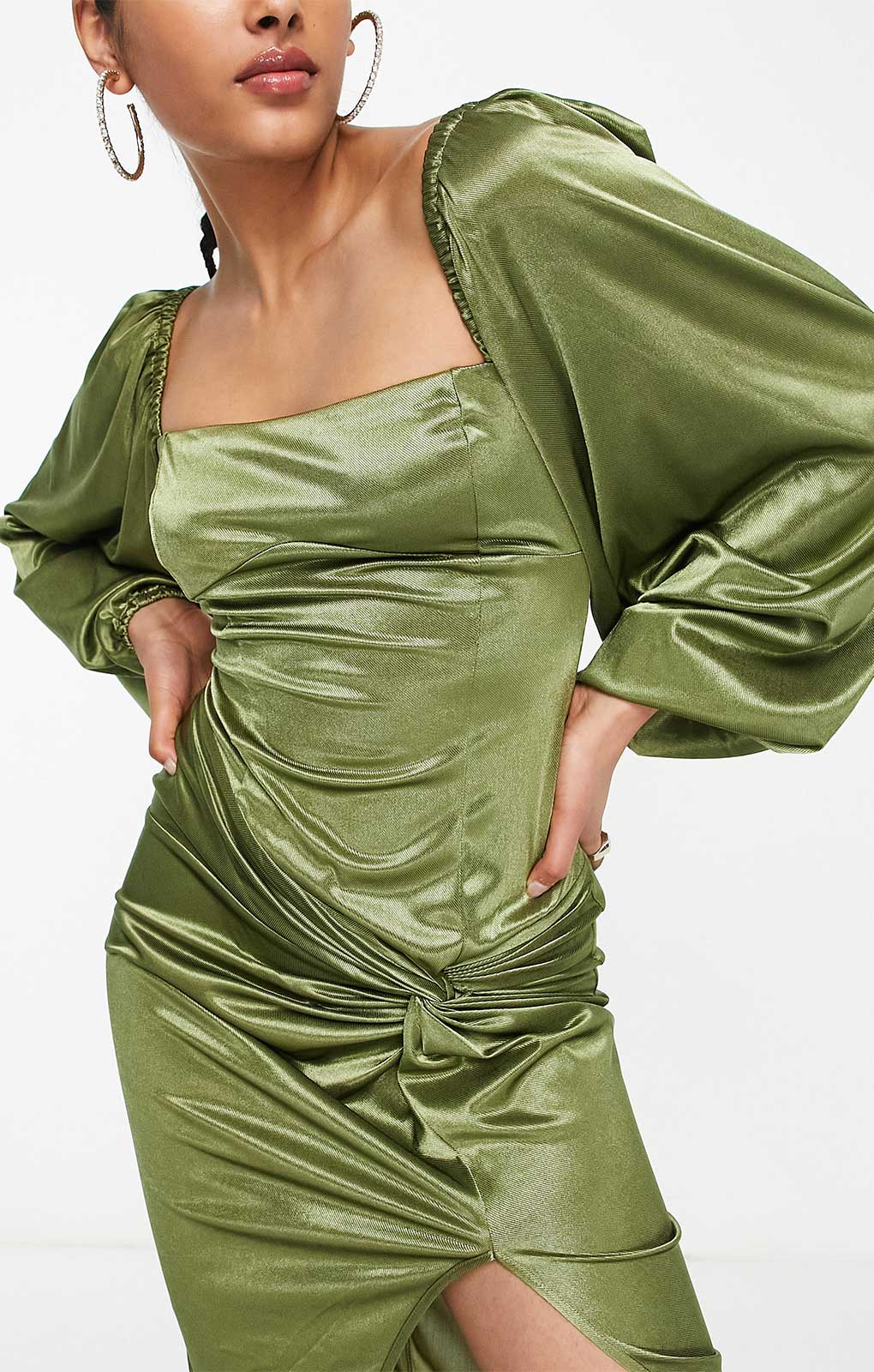 Rent Asos Design Long Sleeve Knot High Split Satin Midi Dress In Olive Green | Hirestreet Rent Asos Design Long Sleeve Knot High Split Satin Midi Dress In Olive Green | Hirestreet