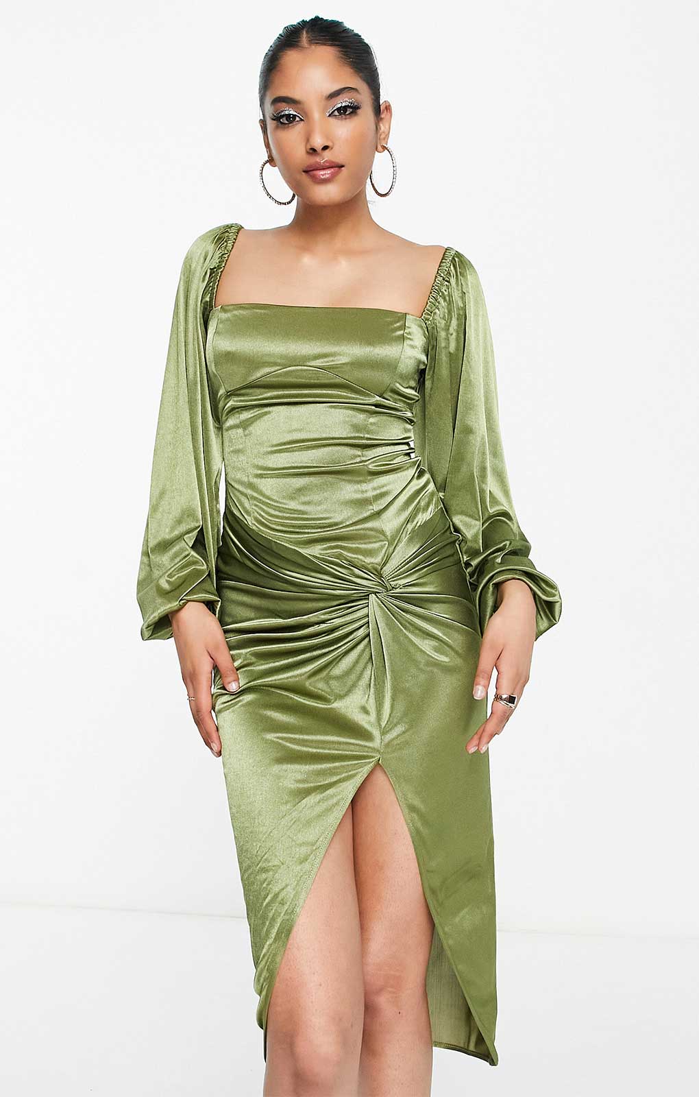 Rent Asos Design Long Sleeve Knot High Split Satin Midi Dress In Olive Green | Hirestreet Rent Asos Design Long Sleeve Knot High Split Satin Midi Dress In Olive Green | Hirestreet