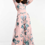 Asos Edition Blouson Sleeve Floral Embroidered Maxi Dress With Open Back In Light Pink