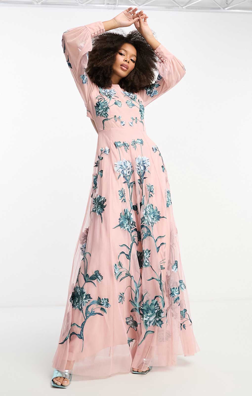 Asos Edition Blouson Sleeve Floral Embroidered Maxi Dress With Open Back In Light Pink