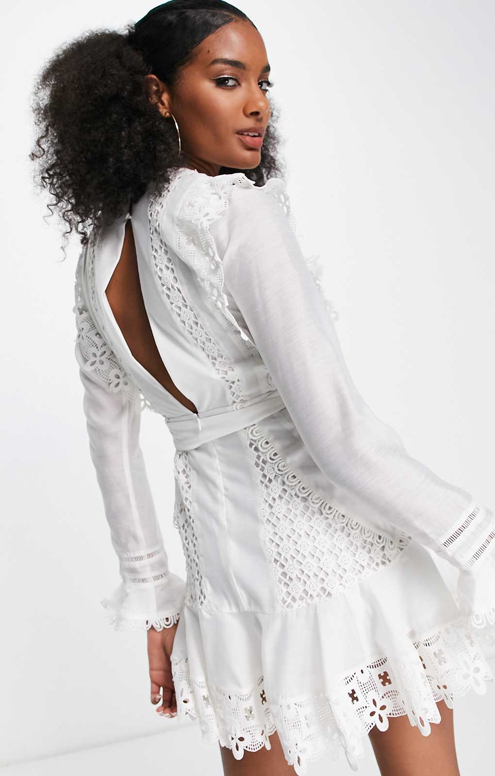 Asos Design Lace Frill Detail Mini Dress With Belt In White