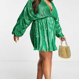 Asos Design Curve Embellishment Mini Dress With Blouson Sleeve In Green