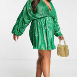 Asos Design Curve Embellishment Mini Dress With Blouson Sleeve In Green