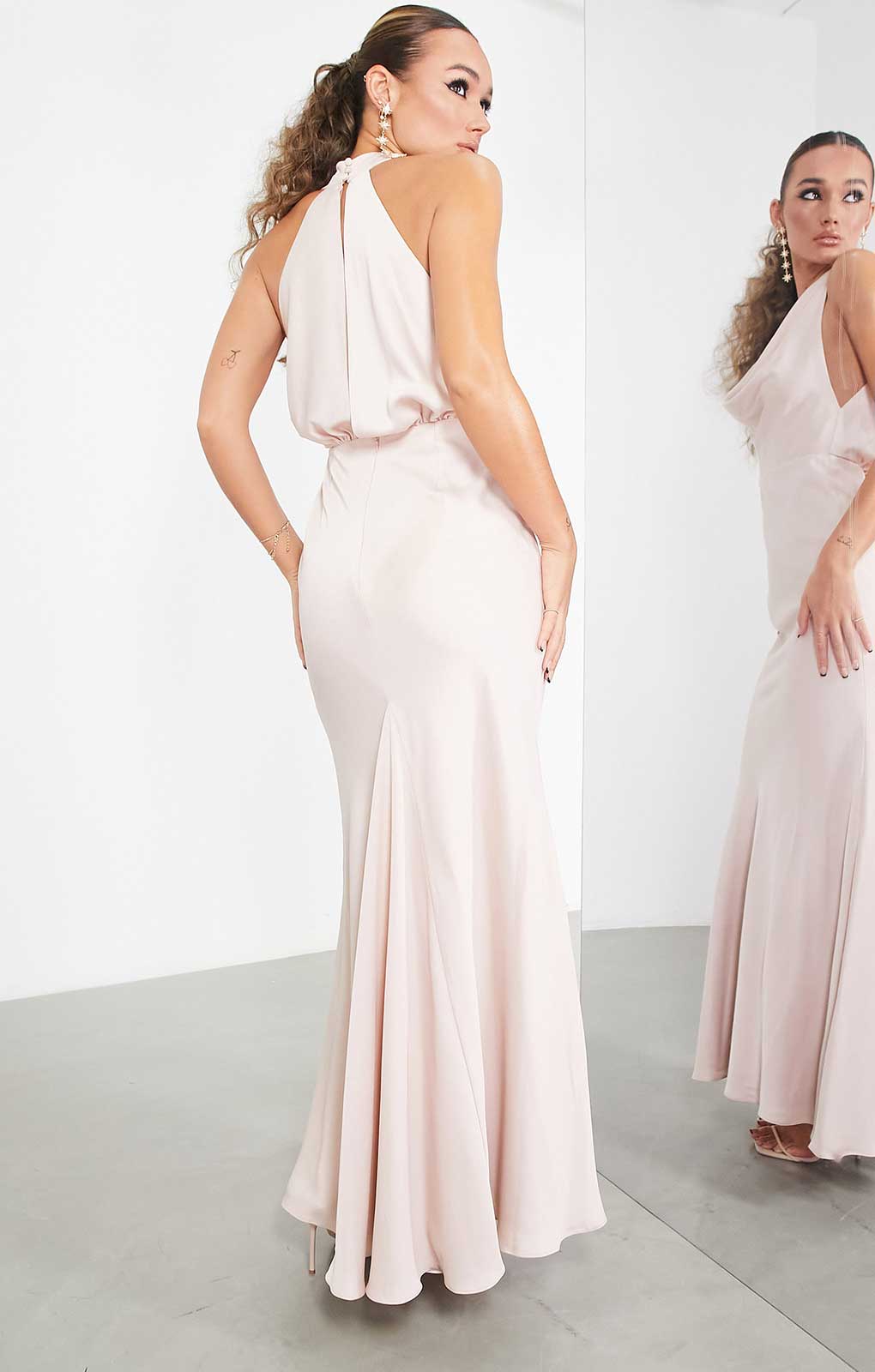 Asos Edition Satin Halter Cowl Maxi Dress In Blush In Light Pink product image