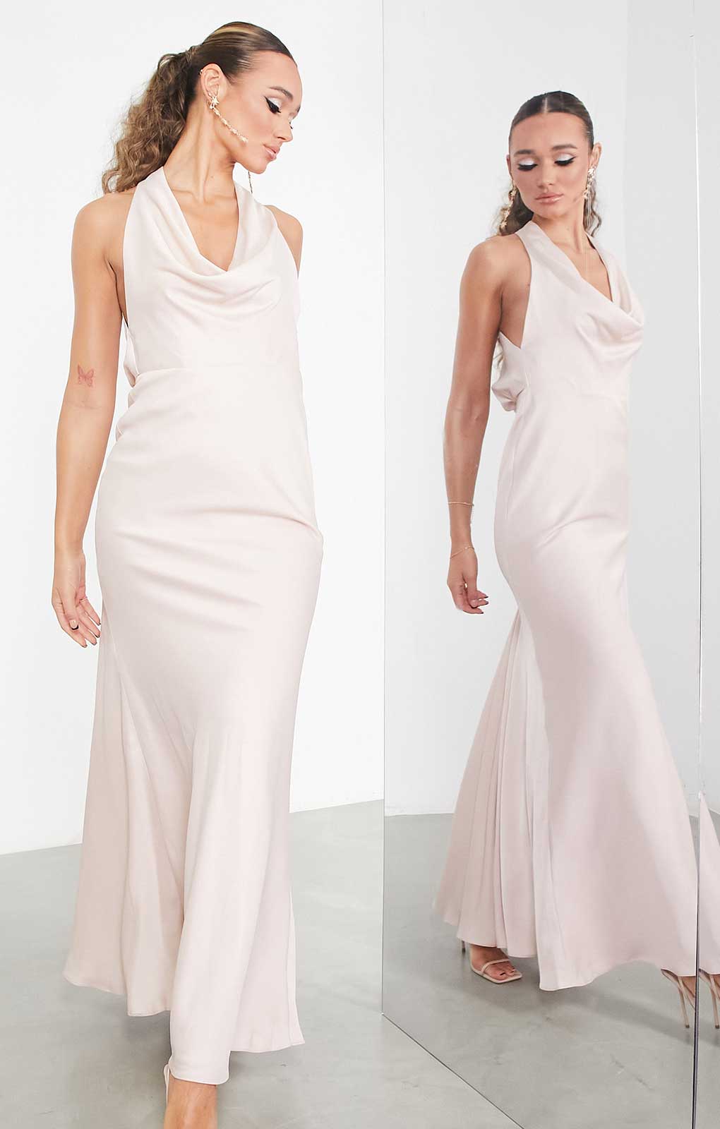 Asos Edition Satin Halter Cowl Maxi Dress In Blush In Light Pink product image