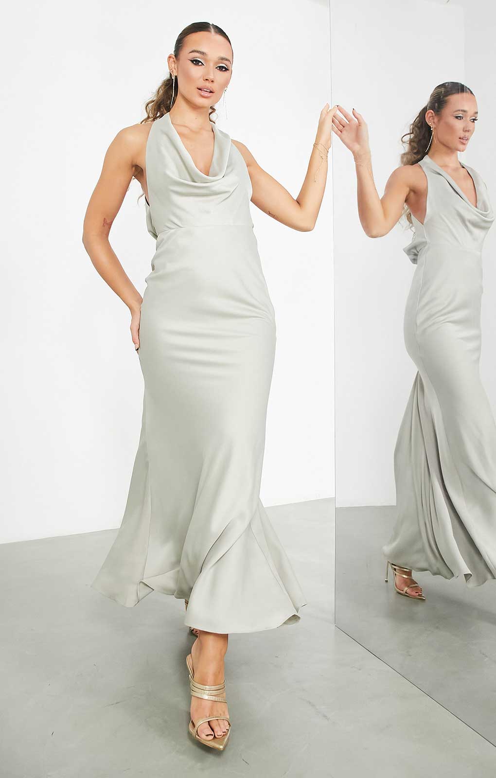 Asos Edition Satin Halter Cowl Maxi Dress In Sage Green