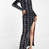 Asos Design High Neck Backless Sequin Maxi Dress In Midnight Blue product image