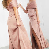 Asos Edition Satin Bardot Drape Wrap Maxi Dress In Cinnamon Rose product image