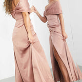Asos Edition Satin Bardot Drape Wrap Maxi Dress In Cinnamon Rose